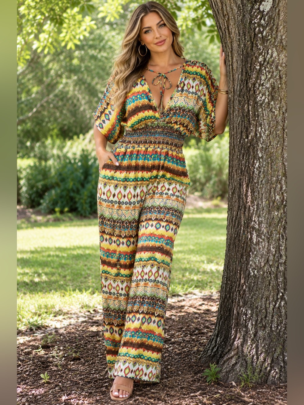 Printed V-Neck Wide-Leg Jumpsuit in Multi colors